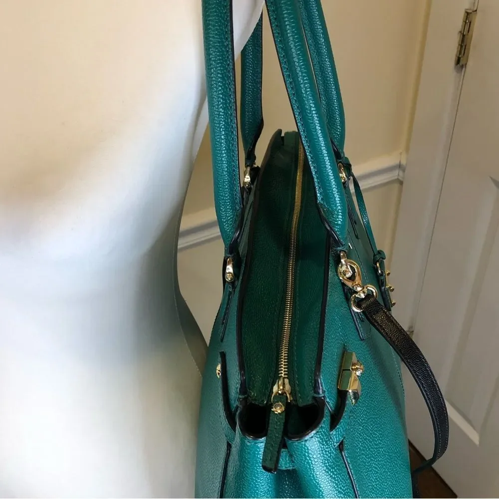 HENRI BENDEL Teal Caviar Carlyle Leather Tote Shoulder Bag Wallet & Strap SET